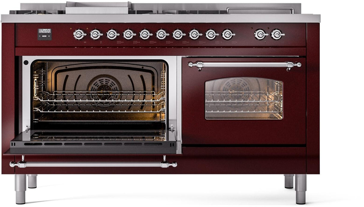ILVE Nostalgie II 60-Inch Dual Fuel Range with 7 Burners, Griddle, & French Top with Triple Glass Door Oven in Burgundy with Chrome Trim (UP60FSNMPBUC)