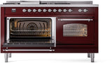 ILVE Nostalgie II 60-Inch Dual Fuel Range with 7 Burners, Griddle, & French Top with Triple Glass Door Oven in Burgundy with Chrome Trim (UP60FSNMPBUC)