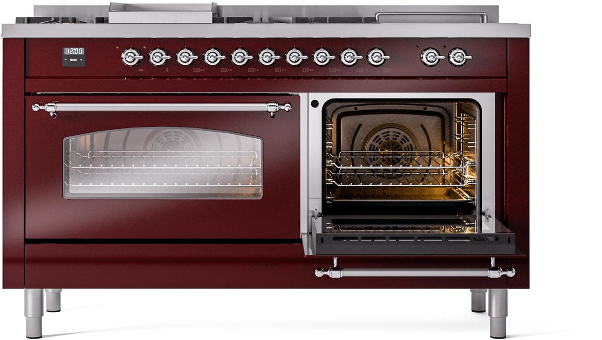 ILVE Nostalgie II 60-Inch Dual Fuel Range with 7 Burners, Griddle, & French Top with Triple Glass Door Oven in Burgundy with Chrome Trim (UP60FSNMPBUC)