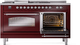 ILVE Nostalgie II 60-Inch Dual Fuel Range with 7 Burners, Griddle, & French Top with Triple Glass Door Oven in Burgundy with Chrome Trim (UP60FSNMPBUC)