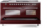 ILVE Nostalgie II 60-Inch Dual Fuel Range with 7 Burners, Griddle, & French Top with Triple Glass Door Oven in Burgundy with Chrome Trim (UP60FSNMPBUC)