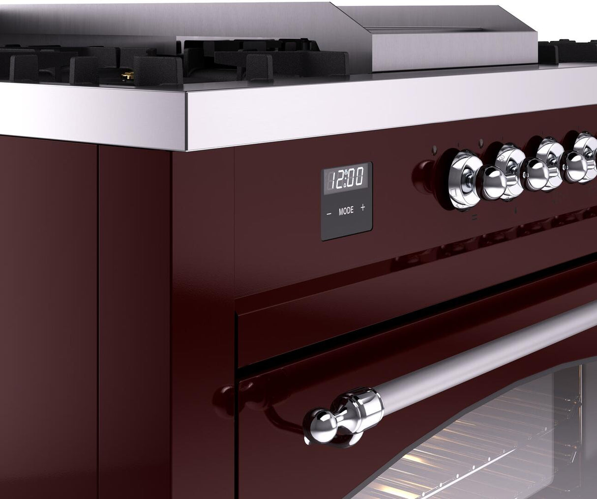 ILVE Nostalgie II 60-Inch Dual Fuel Range with 7 Burners, Griddle, & French Top with Triple Glass Door Oven in Burgundy with Chrome Trim (UP60FSNMPBUC)