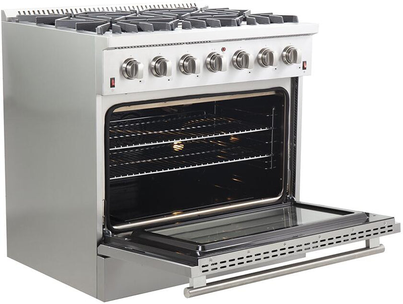 FORNO Appliance Package - 36 Inch Gas Range, Range Hood, Refrigerator, Microwave Drawer, Dishwasher, Wine Cooler, AP-FFSGS6244-36-9