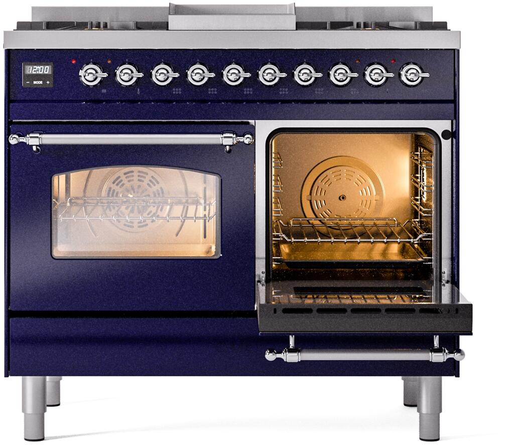 ILVE Nostalgie II 40-Inch Dual Fuel Freestanding Range in Midnight Blue with Chrome Trim (UPD40FNMPMBCLP)