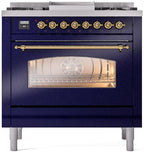ILVE Nostalgie II 36-Inch Dual Fuel Freestanding Range in Midnight Blue with Brass Trim (UP36FNMPMBGLP)