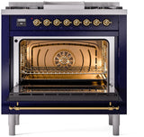 ILVE Nostalgie II 36-Inch Dual Fuel Freestanding Range in Midnight Blue with Brass Trim (UP36FNMPMBGLP)