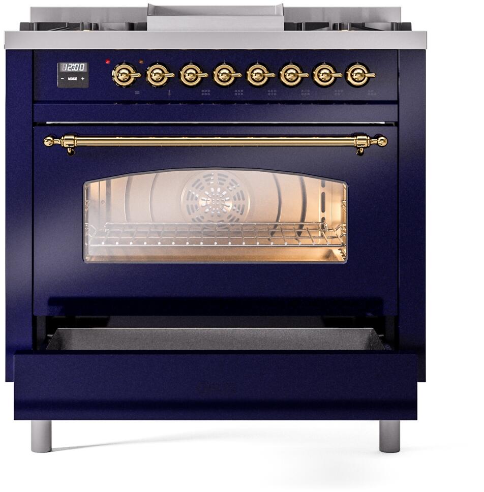 ILVE Nostalgie II 36-Inch Dual Fuel Freestanding Range in Midnight Blue with Brass Trim (UP36FNMPMBGLP)