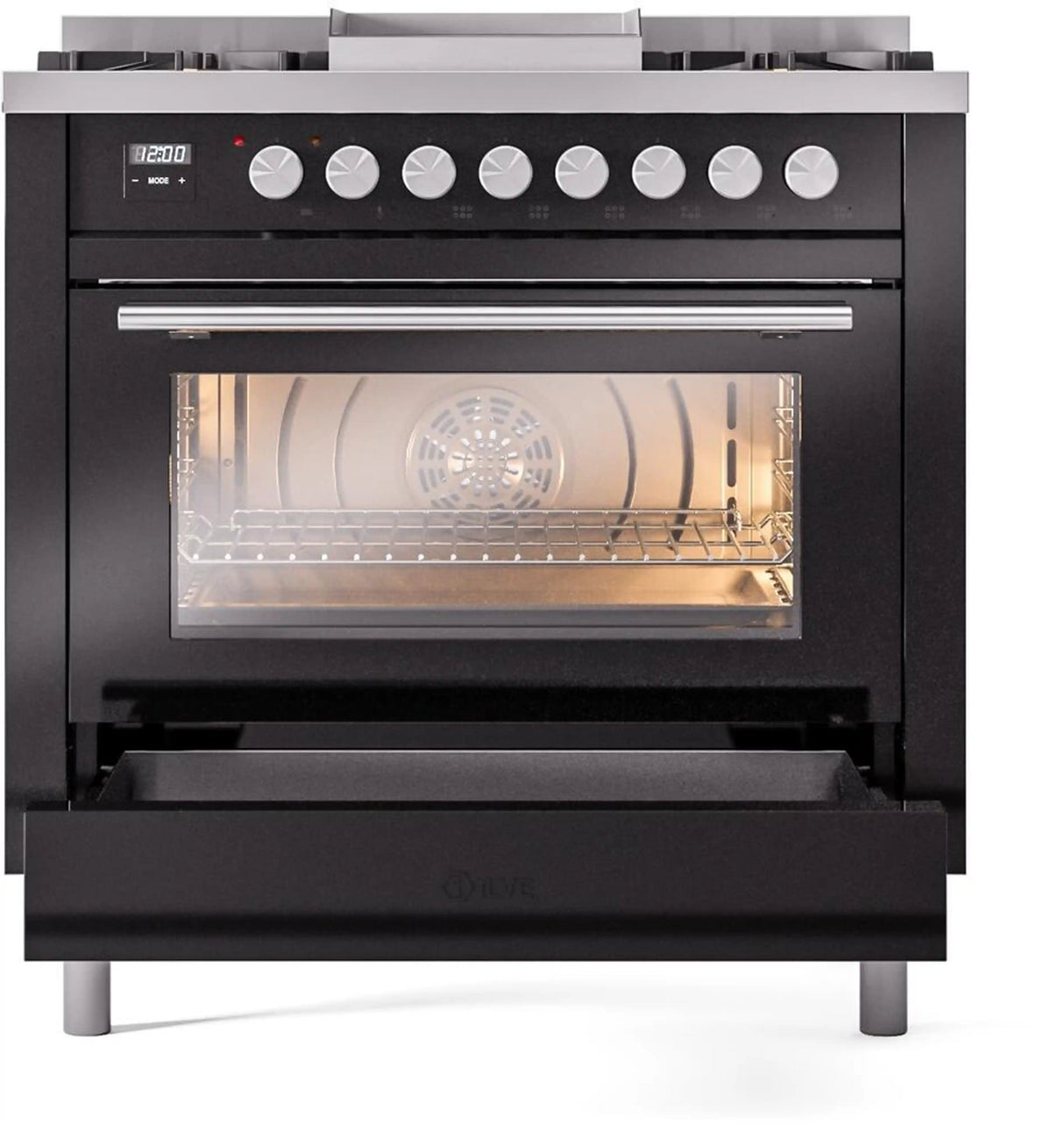 ILVE 36-Inch Professional Plus II Freestanding Natural Gas Dual Fuel Range with 6 Sealed Burner in Black (UP36FWMPBK)