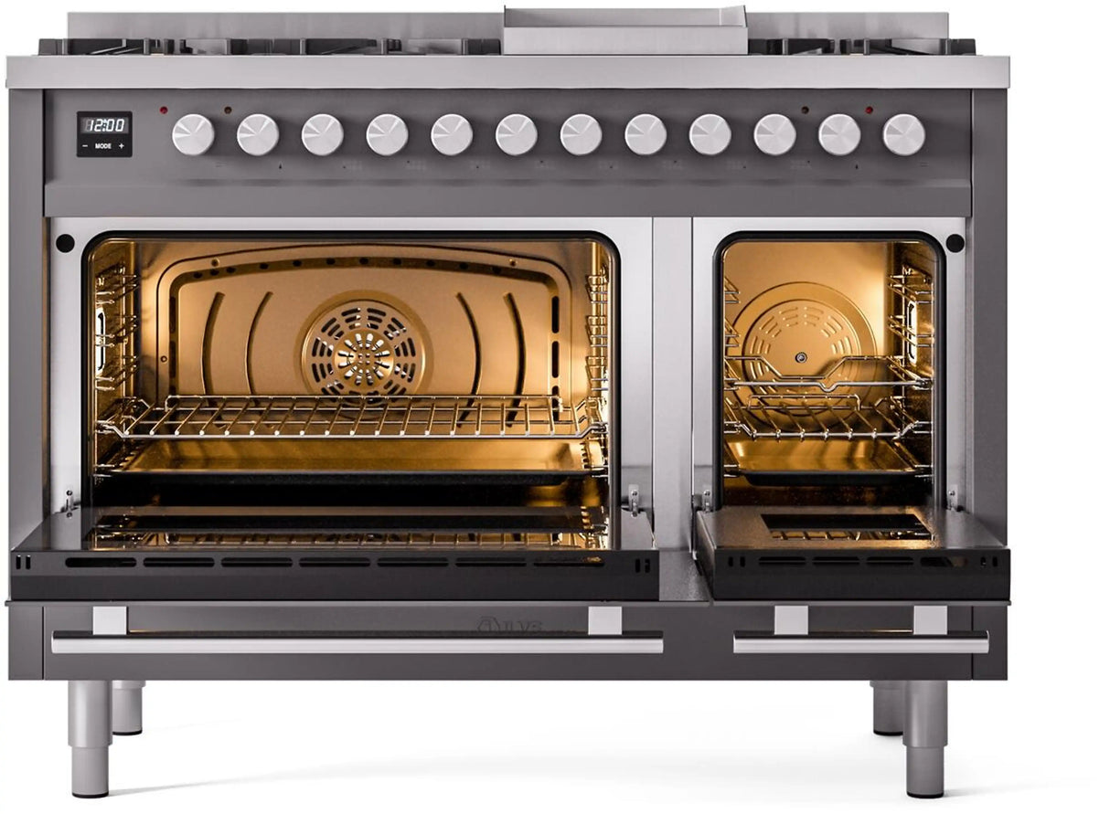 ILVE 48-Inch Professional Plus II Freestanding Natural Gas Dual Fuel Range with 8 Sealed Burner in Matte Graphite (UP48FWMPMG)