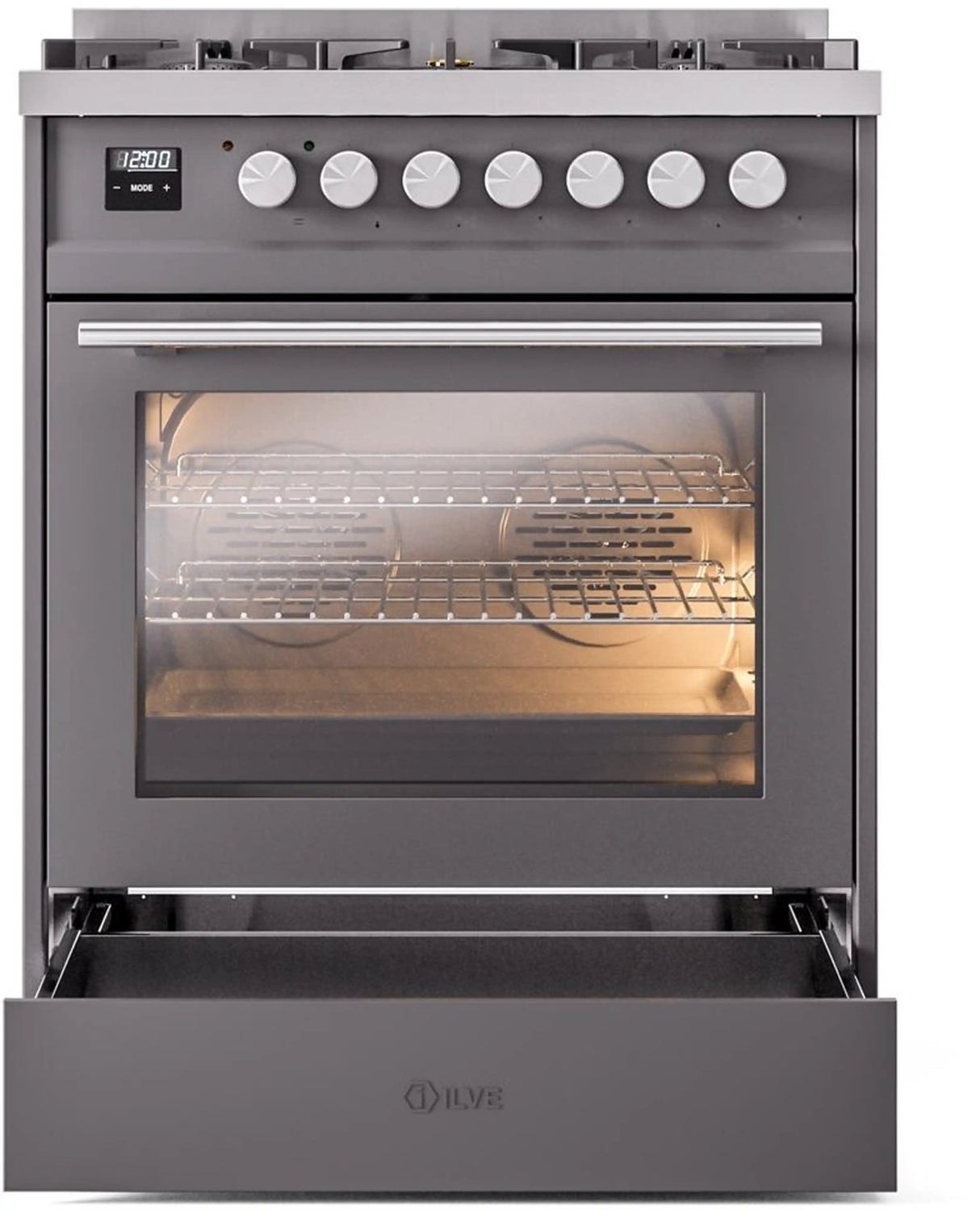 ILVE Professional Plus II 30-Inch Freestanding Natural Gas Dual Fuel Range with 5 Sealed Burners in Matte Graphite (UP30WMPMG)