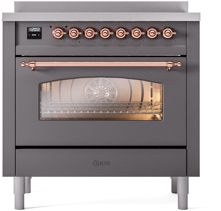 ILVE Nostalgie II 36-Inch Freestanding Electric Induction Range in Matte Graphite with Copper Trim (UPI366NMPMGP)