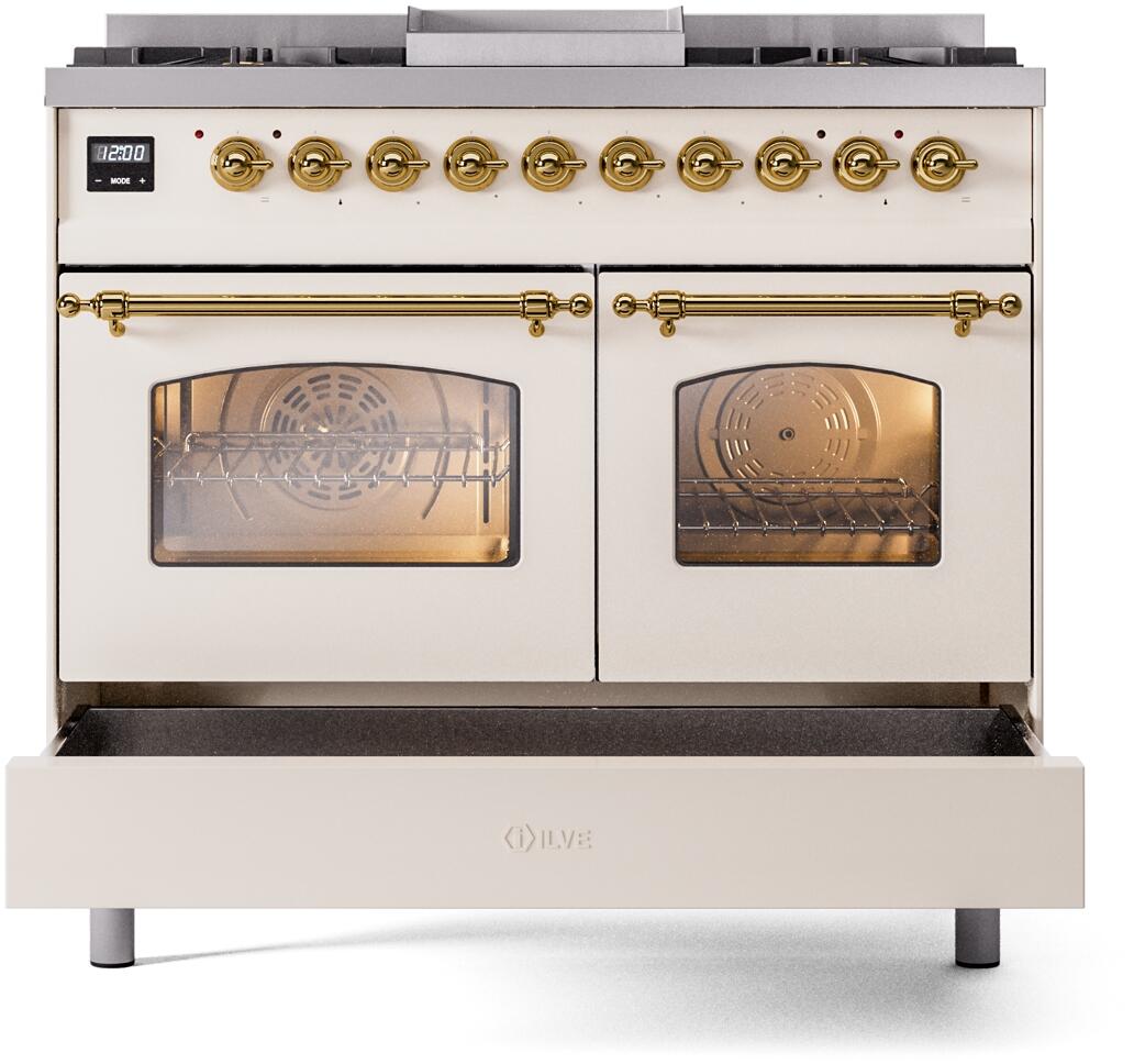 ILVE Nostalgie II 40-Inch Dual Fuel Freestanding Range in Antique White with Brass Trim (UPD40FNMPAWGLP)