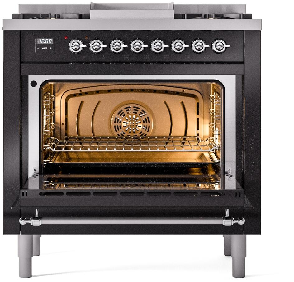 ILVE Nostalgie II 36-Inch Freestanding Natural Gas Dual Fuel Range in Glossy Black with Chrome Trim (UP36FNMPBKC)