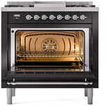 ILVE Nostalgie II 36-Inch Freestanding Natural Gas Dual Fuel Range in Glossy Black with Chrome Trim (UP36FNMPBKC)