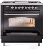 ILVE Nostalgie II 36-Inch Dual Fuel Freestanding Range in Glossy Black with Chrome Trim (UP36FNMPBKCLP)