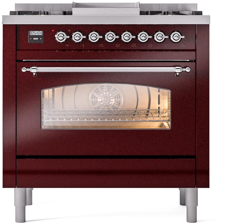 ILVE Nostalgie II 36-Inch Dual Fuel Freestanding Range in Burgundy with Chrome Trim (UP36FNMPBUCLP)