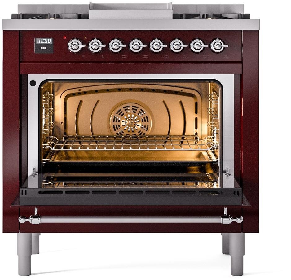 ILVE Nostalgie II 36-Inch Dual Fuel Freestanding Range in Burgundy with Chrome Trim (UP36FNMPBUCLP)