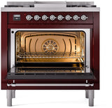 ILVE Nostalgie II 36-Inch Dual Fuel Freestanding Range in Burgundy with Chrome Trim (UP36FNMPBUCLP)