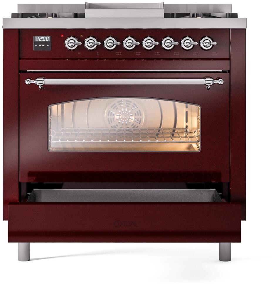 ILVE Nostalgie II 36-Inch Dual Fuel Freestanding Range in Burgundy with Chrome Trim (UP36FNMPBUCLP)