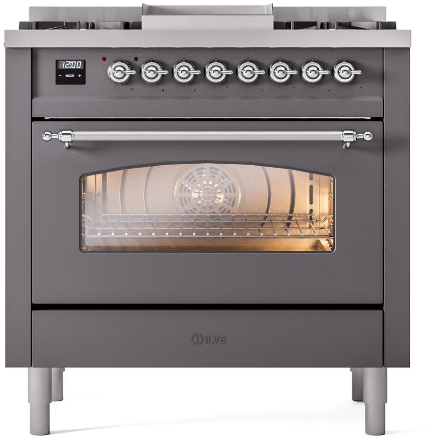 ILVE Nostalgie II 36-Inch Dual Fuel Freestanding Range in Matte Graphite with Chrome Trim (UP36FNMPMGCLP)