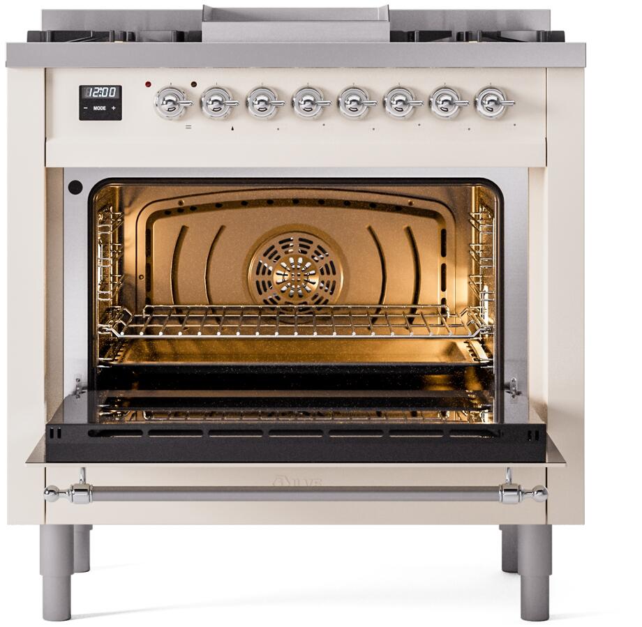 ILVE Nostalgie II 36-Inch Freestanding Natural Gas Dual Fuel Range in Antique White with Chrome Trim (UP36FNMPAWC)