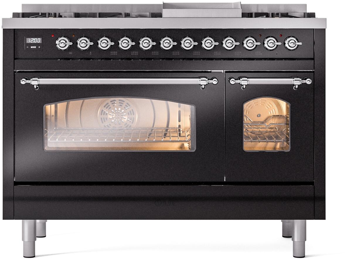 ILVE Nostalgie II 48-Inch Freestanding Natural Gas Dual Fuel Range in Glossy Black with Chrome Trim (UP48FNMPBKC)
