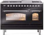 ILVE Nostalgie II 48-Inch Freestanding Natural Gas Dual Fuel Range in Glossy Black with Chrome Trim (UP48FNMPBKC)
