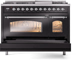 ILVE Nostalgie II 48-Inch Dual Fuel Freestanding Range in Glossy Black with Chrome Trim (UP48FNMPBKCLP)