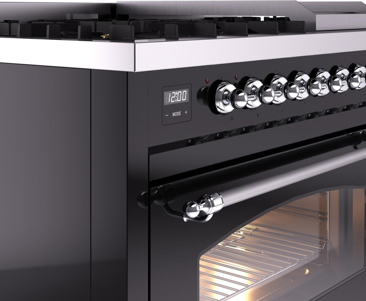 ILVE Nostalgie II 48-Inch Dual Fuel Freestanding Range in Glossy Black with Chrome Trim (UP48FNMPBKCLP)