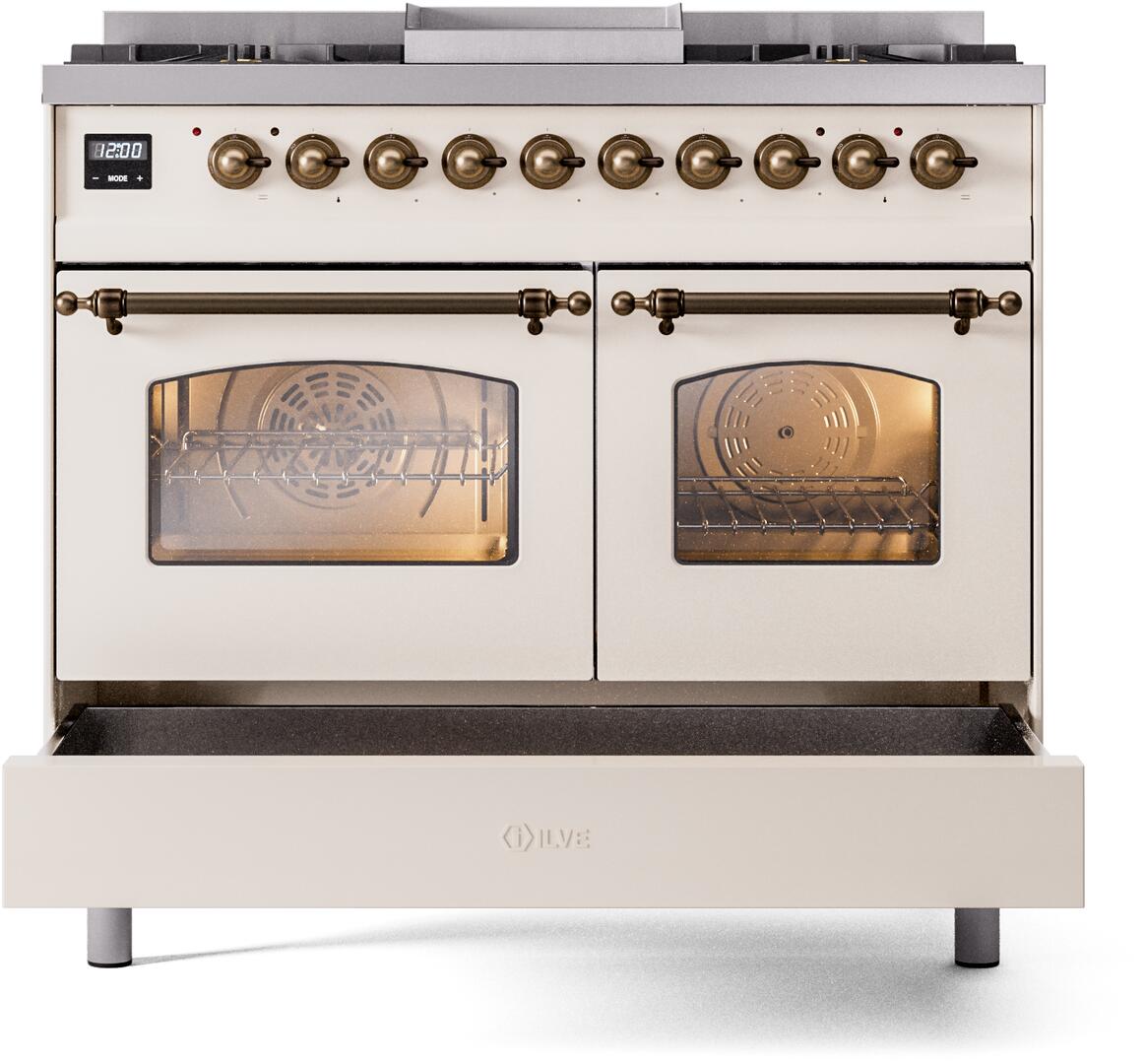 ILVE Nostalgie II 40-Inch Freestanding Natural Gas Dual Fuel Range in Antique White with Bronze Trim (UPD40FNMPAWB)