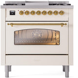ILVE Nostalgie II 36-Inch Dual Fuel Freestanding Range in Antique White with Brass Trim (UP36FNMPAWGLP)