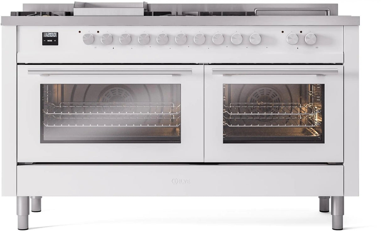 ILVE Professional Plus II 60-Inch Propane Gas Dual Fuel Range with 7 Burners, Griddle, & French Top with Triple Glass Door Oven in White (UP60FSWMPWHLP)