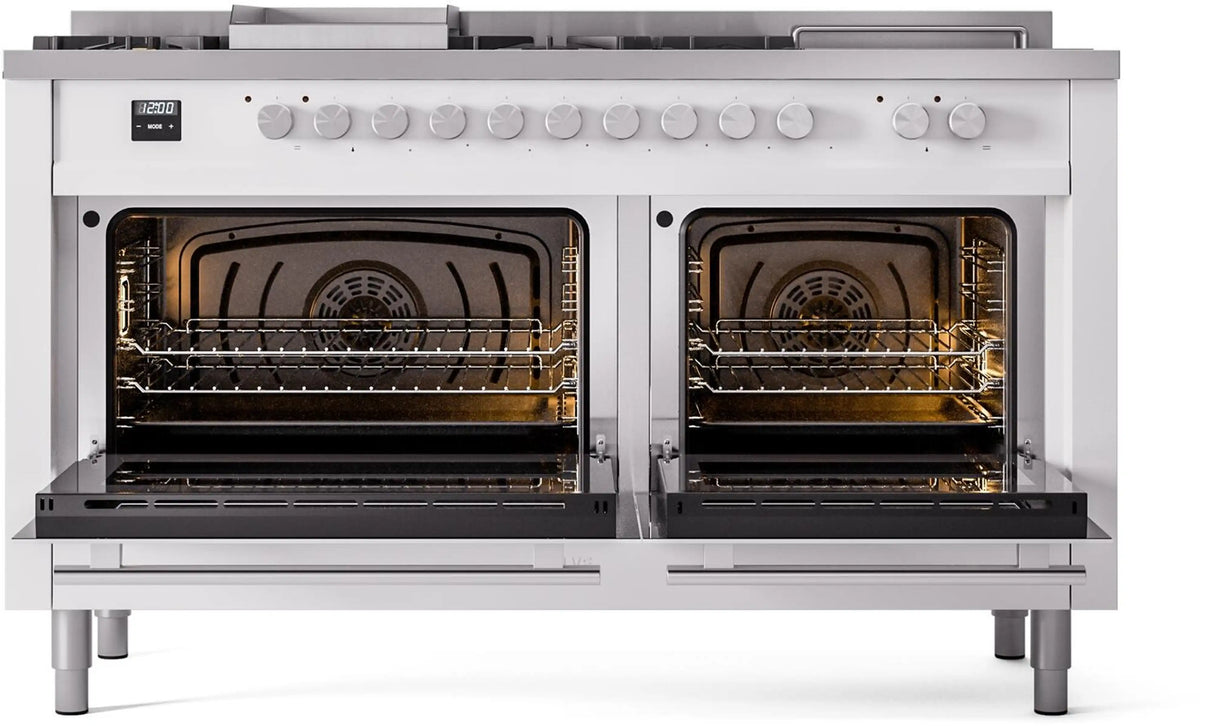 ILVE Professional Plus II 60-Inch Natural Gas Dual Fuel Range with 7 Burners, Griddle, & French Top with Triple Glass Door Oven in White (UP60FSWMPWH)
