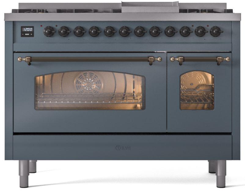 ILVE Nostalgie II 48-Inch Freestanding Natural Gas Dual Fuel Range in Blue Grey with Bronze Trim (UP48FNMPBGB)