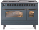 ILVE Nostalgie II 48-Inch Freestanding Natural Gas Dual Fuel Range in Blue Grey with Bronze Trim (UP48FNMPBGB)