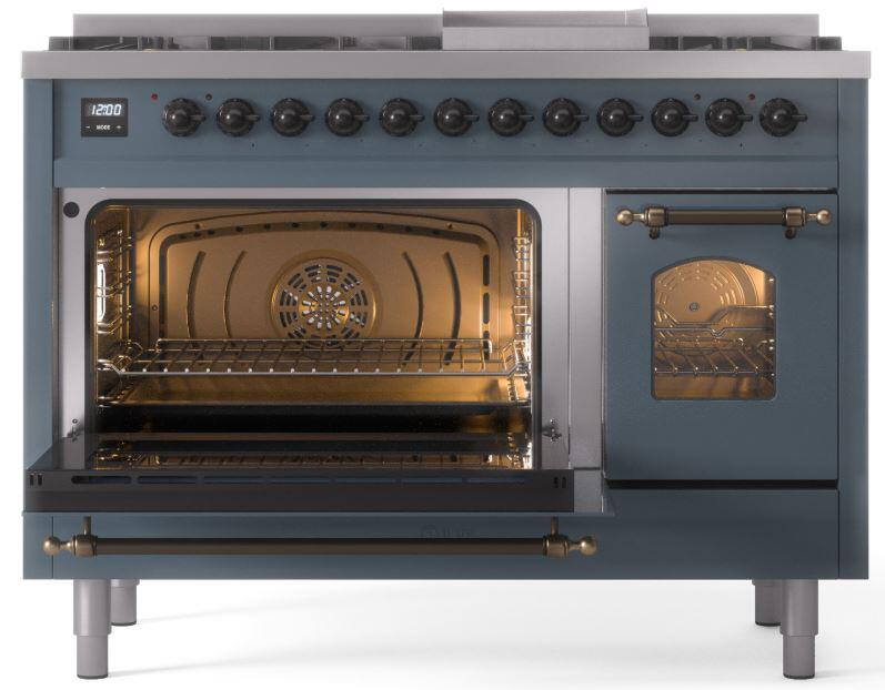 ILVE Nostalgie II 48-Inch Freestanding Natural Gas Dual Fuel Range in Blue Grey with Bronze Trim (UP48FNMPBGB)
