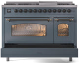 ILVE Nostalgie II 48-Inch Freestanding Natural Gas Dual Fuel Range in Blue Grey with Bronze Trim (UP48FNMPBGB)