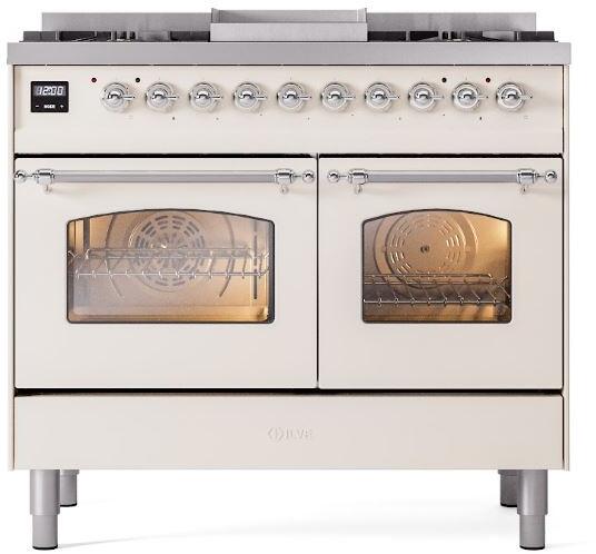 ILVE Nostalgie II 40-Inch Dual Fuel Freestanding Range in Antique White with Chrome Trim (UPD40FNMPAWCLP)