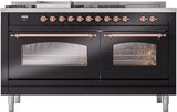 ILVE Nostalgie II 60-Inch Propane Gas Dual Fuel Range with 7 Burners, Griddle, & French Top with Triple Glass Door Oven in Glossy Black with Copper Trim (UP60FSNMPBKPLP)