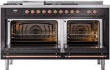 ILVE Nostalgie II 60-Inch Propane Gas Dual Fuel Range with 7 Burners, Griddle, & French Top with Triple Glass Door Oven in Glossy Black with Copper Trim (UP60FSNMPBKPLP)