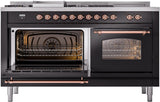 ILVE Nostalgie II 60-Inch Propane Gas Dual Fuel Range with 7 Burners, Griddle, & French Top with Triple Glass Door Oven in Glossy Black with Copper Trim (UP60FSNMPBKPLP)