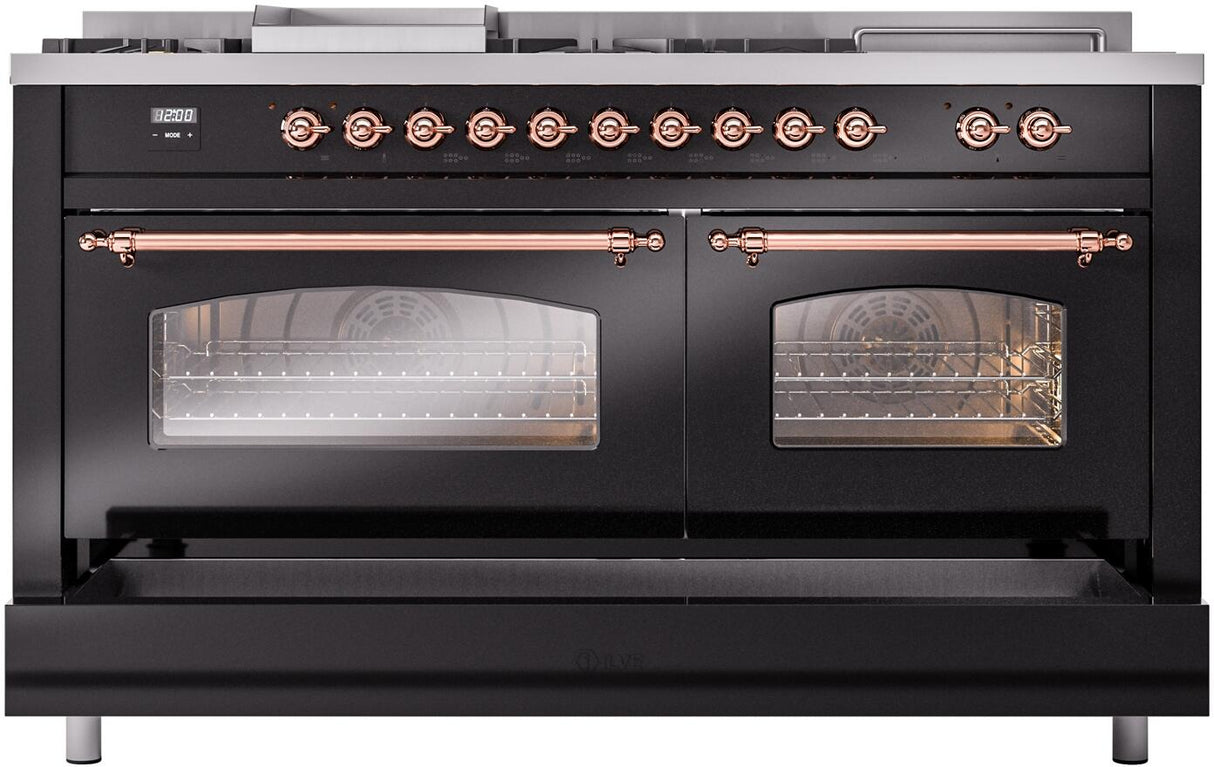 ILVE Nostalgie II 60-Inch Propane Gas Dual Fuel Range with 7 Burners, Griddle, & French Top with Triple Glass Door Oven in Glossy Black with Copper Trim (UP60FSNMPBKPLP)