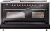 ILVE Nostalgie II 60-Inch Propane Gas Dual Fuel Range with 7 Burners, Griddle, & French Top with Triple Glass Door Oven in Glossy Black with Copper Trim (UP60FSNMPBKPLP)
