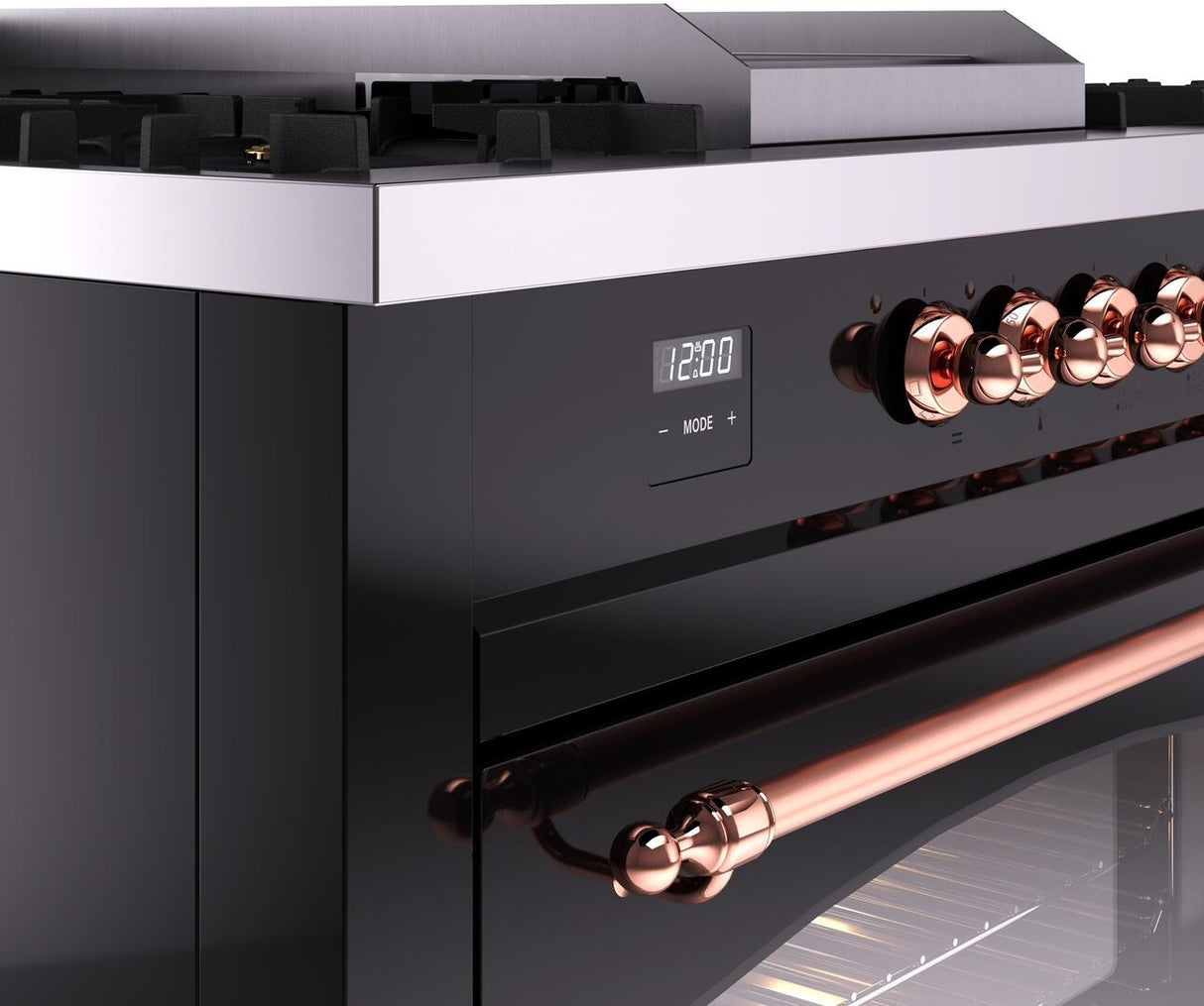 ILVE Nostalgie II 60-Inch Propane Gas Dual Fuel Range with 7 Burners, Griddle, & French Top with Triple Glass Door Oven in Glossy Black with Copper Trim (UP60FSNMPBKPLP)