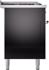 ILVE Nostalgie II 60-Inch Propane Gas Dual Fuel Range with 7 Burners, Griddle, & French Top with Triple Glass Door Oven in Glossy Black with Copper Trim (UP60FSNMPBKPLP)
