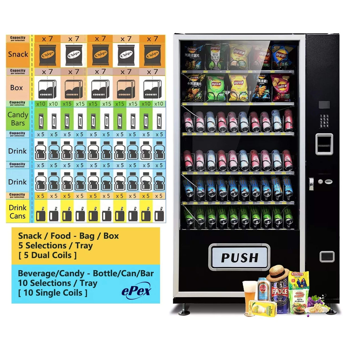 Epx Extra Large 6FT Snacks And Drinks Combo Vending Machine With Dual Zone Refrigeration And Bill Acceptor [EP-G660] (SAK12960)