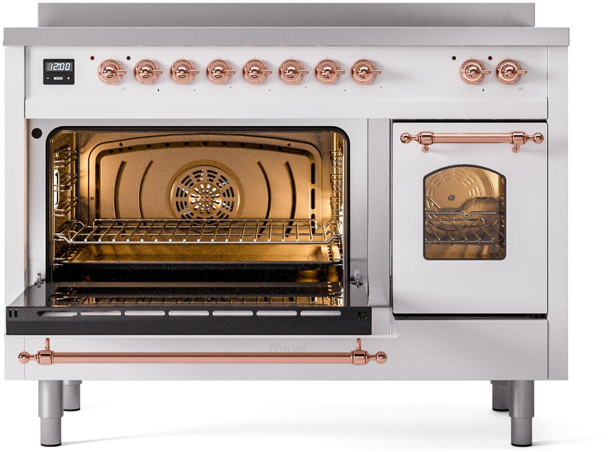 ILVE Nostalgie II 48-Inch Freestanding Electric Induction Range in White with Copper Trim (UPI486NMPWHP)