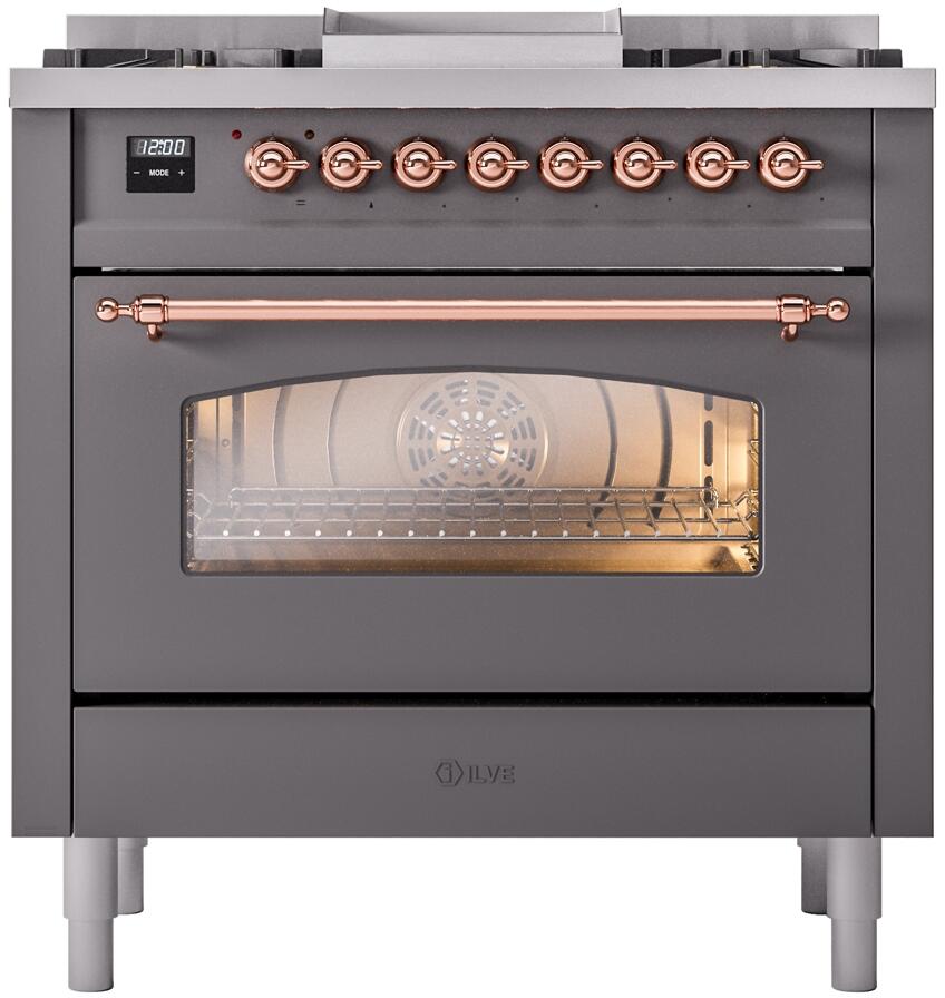 ILVE Nostalgie II 36-Inch Dual Fuel Freestanding Range in Matte Graphite with Copper Trim (UP36FNMPMGPLP)