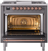 ILVE Nostalgie II 36-Inch Dual Fuel Freestanding Range in Matte Graphite with Copper Trim (UP36FNMPMGPLP)