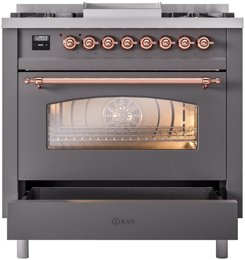 ILVE Nostalgie II 36-Inch Dual Fuel Freestanding Range in Matte Graphite with Copper Trim (UP36FNMPMGPLP)